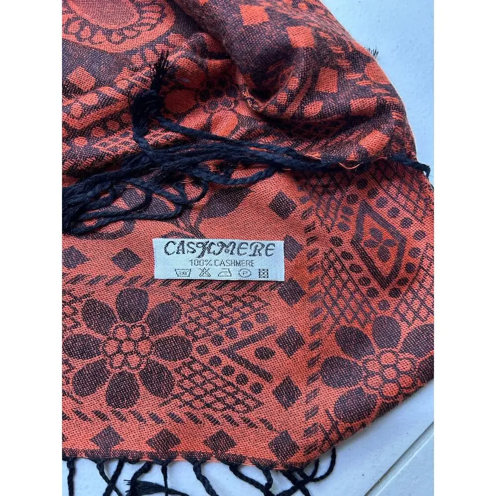 100% Cashmere Paisley Scarf with Fringe in Rust Orange and Brown. 30